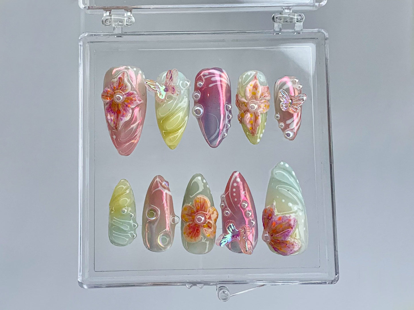 Secret Garden Press On Nails Long Almond Pastel Floral Fantasy