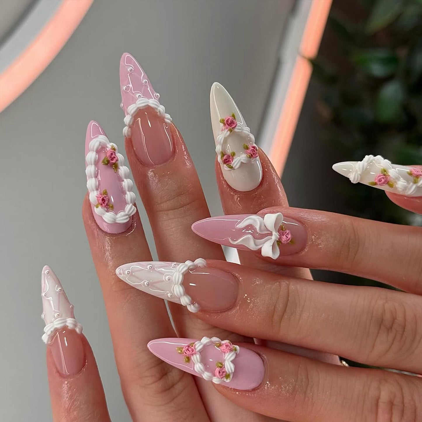 3D Rose & Lace Bridal Press-On Nails