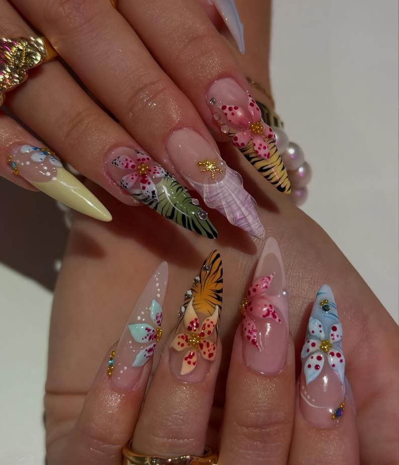 Tropical Jungle Floral 3D Press On Nails