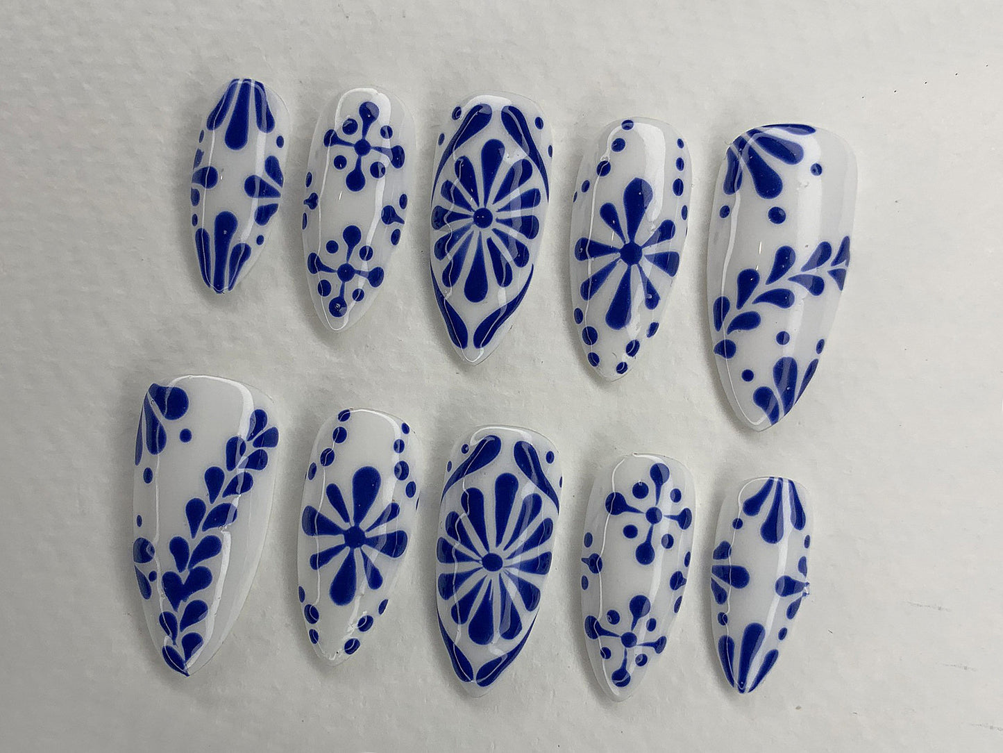 Blue Floral Press On Nails Handpainted Art Set