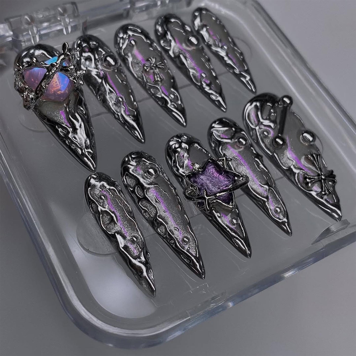 Gothic Chrome Purple Flame Press On Nails Set