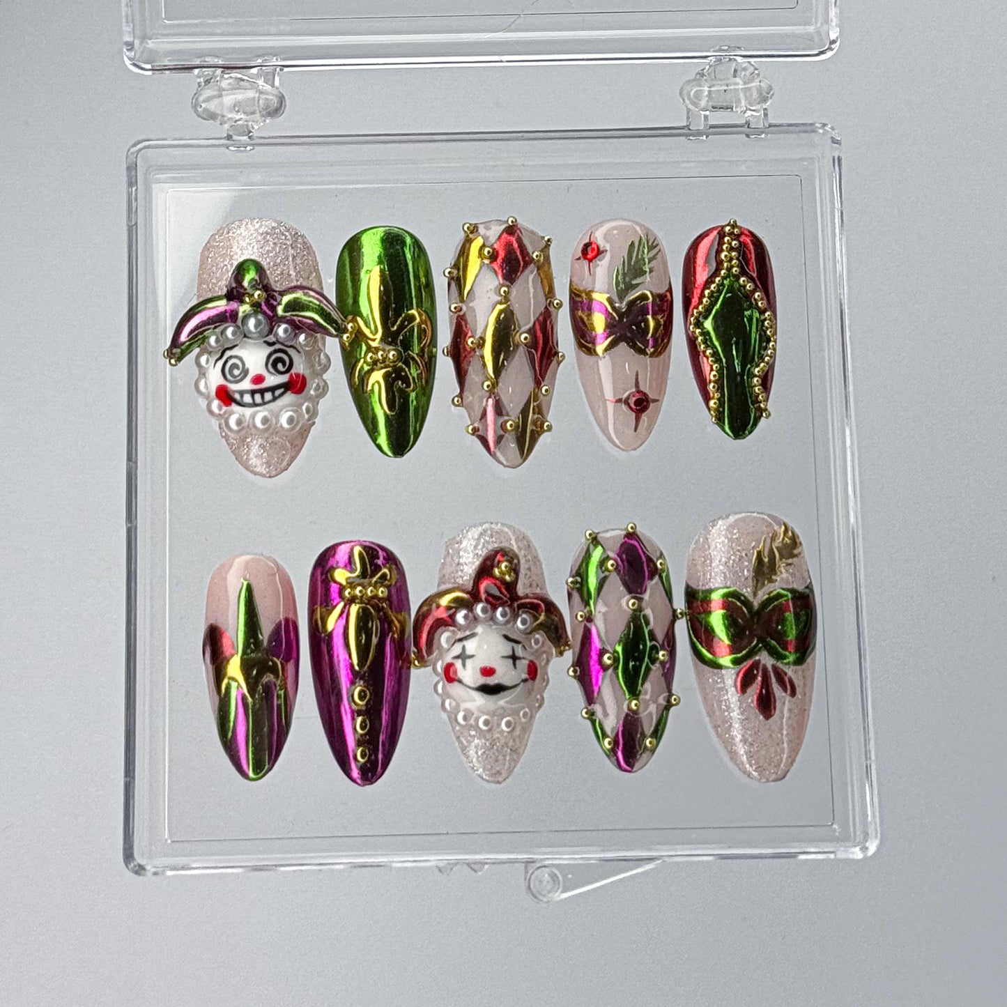 Festive Jester Mask Press-On Nail Set.