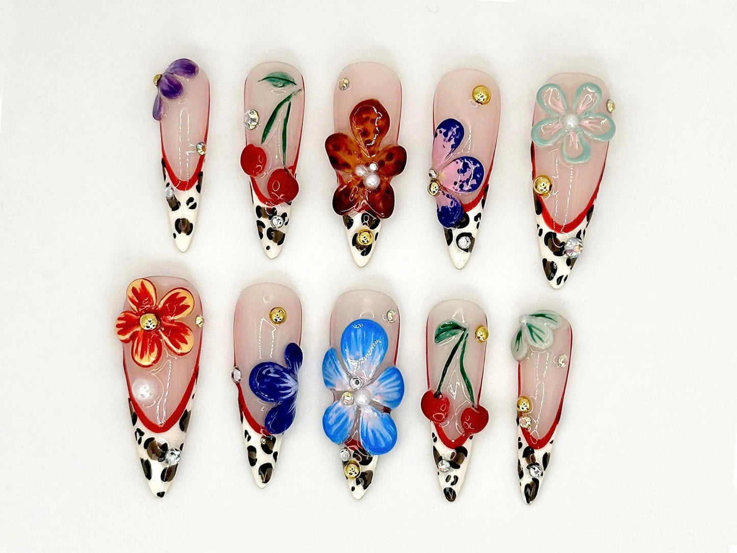 Vibrant 3D Floral Leopard Nail Art Set
