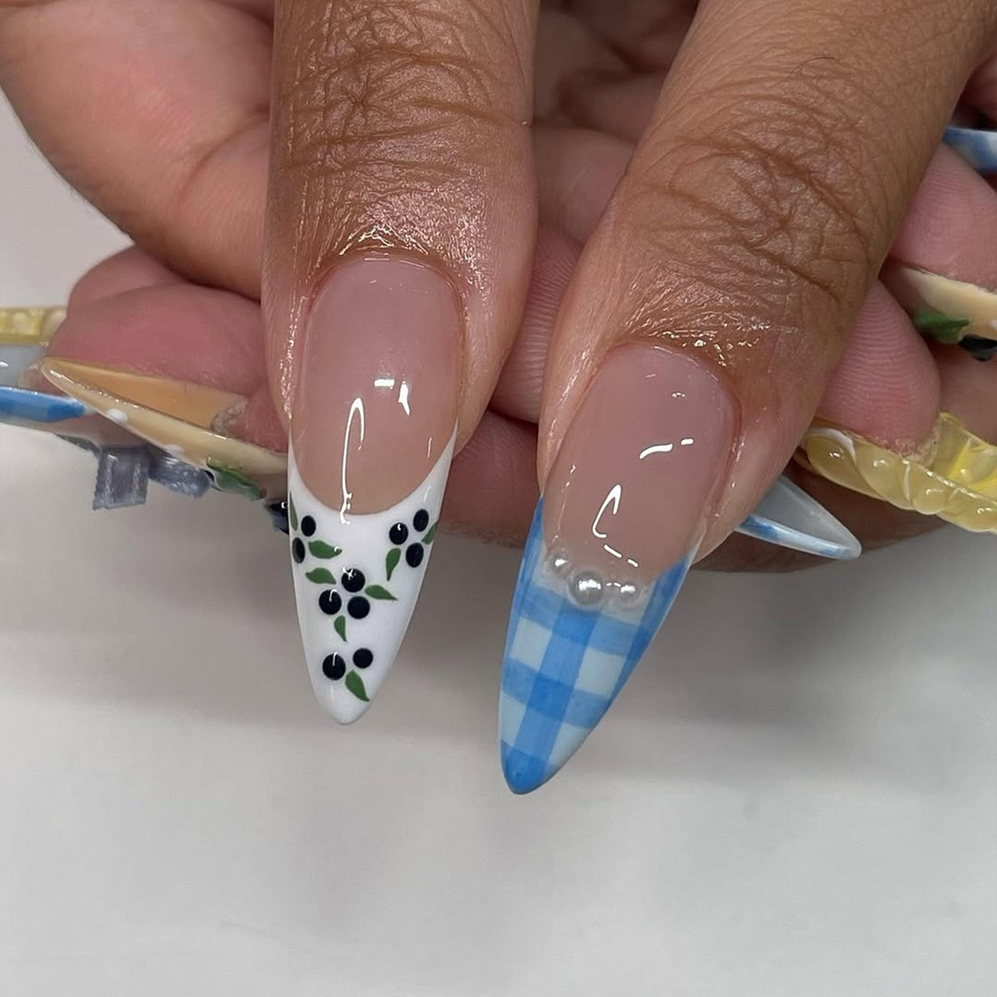 Summer Gingham Fruit Press On Nails Blueberry Lemon Design