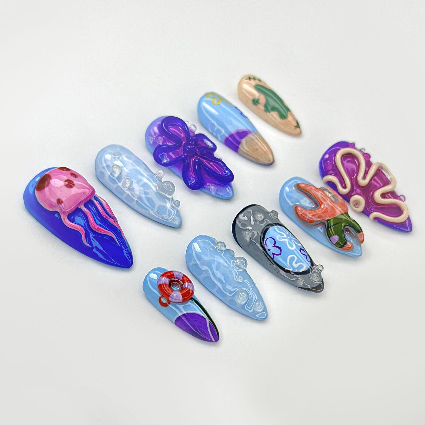 Undersea Cartoon Chaos Press On Nails - Ocean Jellyfish Starfish Press On Nails