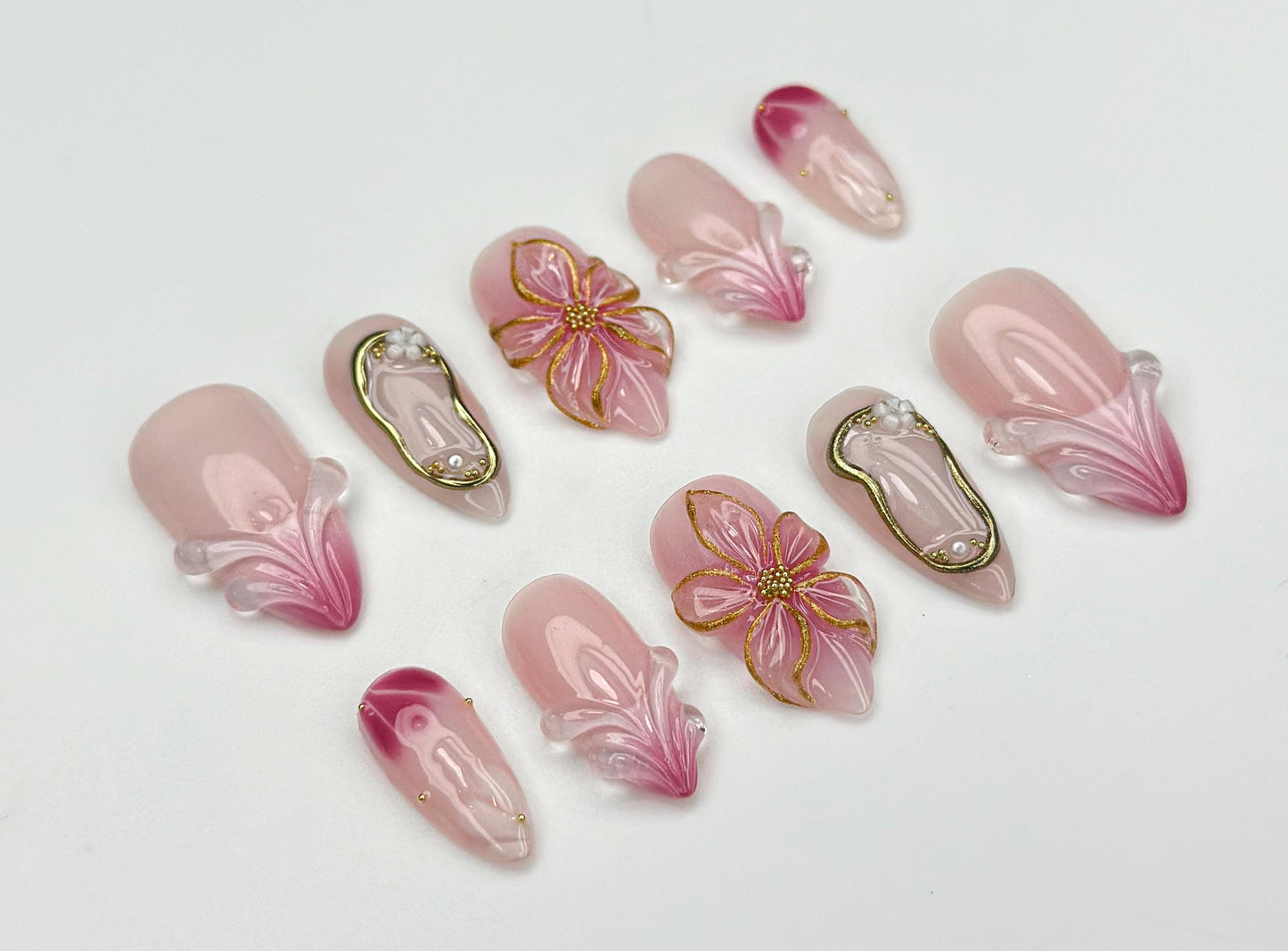 Blush Bloom Elegance Press On Nails 3D Floral Pink Fantasy Set