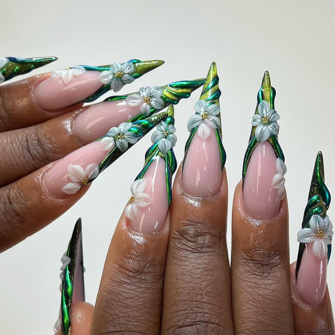 Emerald Floral Press On Nails - Floral Green Chrome Stiletto Press On