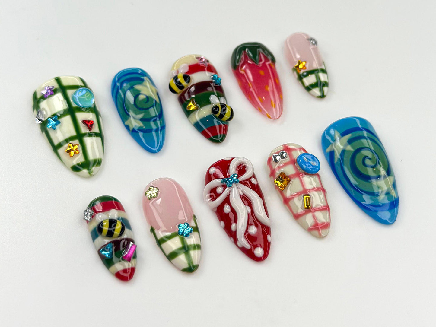 Vibrant 3D Nail Art Set - Unique Handcrafted Designs
