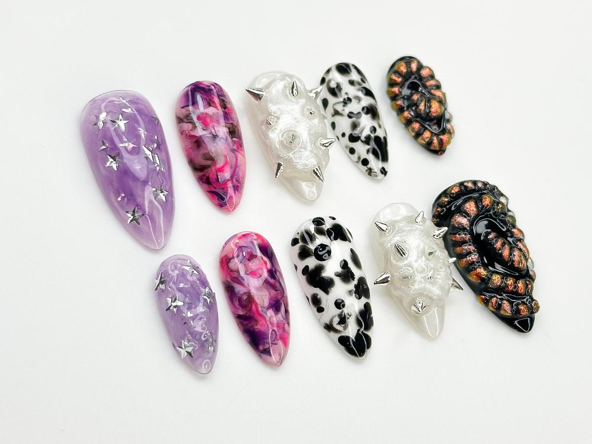 Galaxy Cow Spike Nails with Abstract Texture