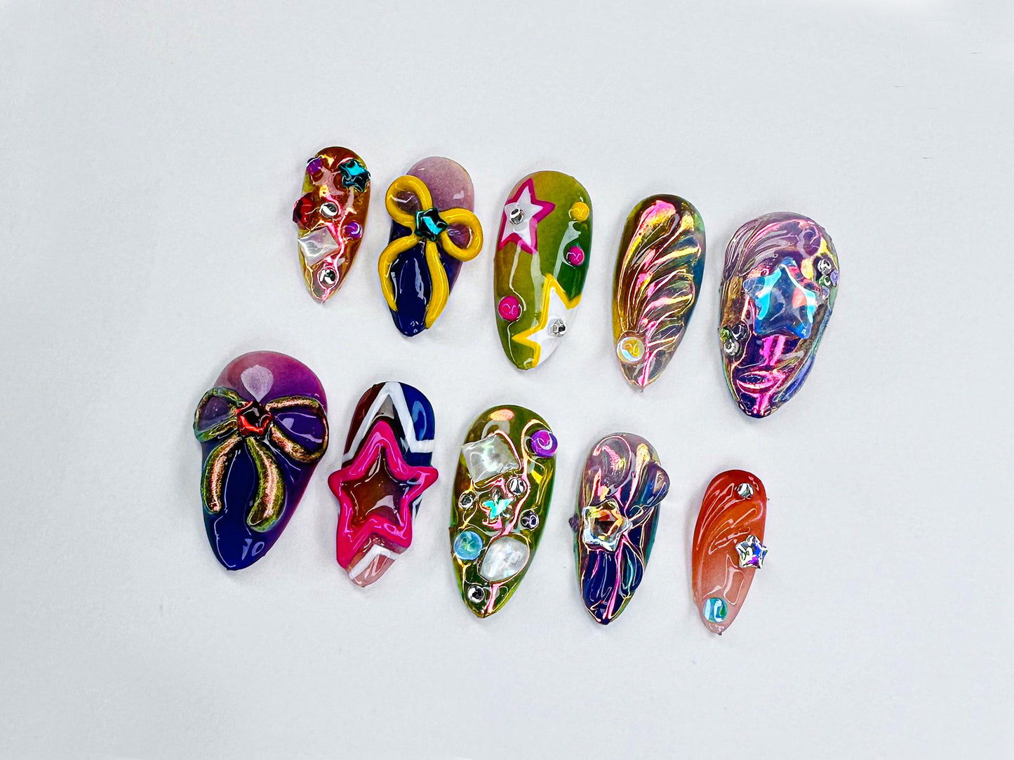 Vibrant 3D Star & Bow Press On Nails
