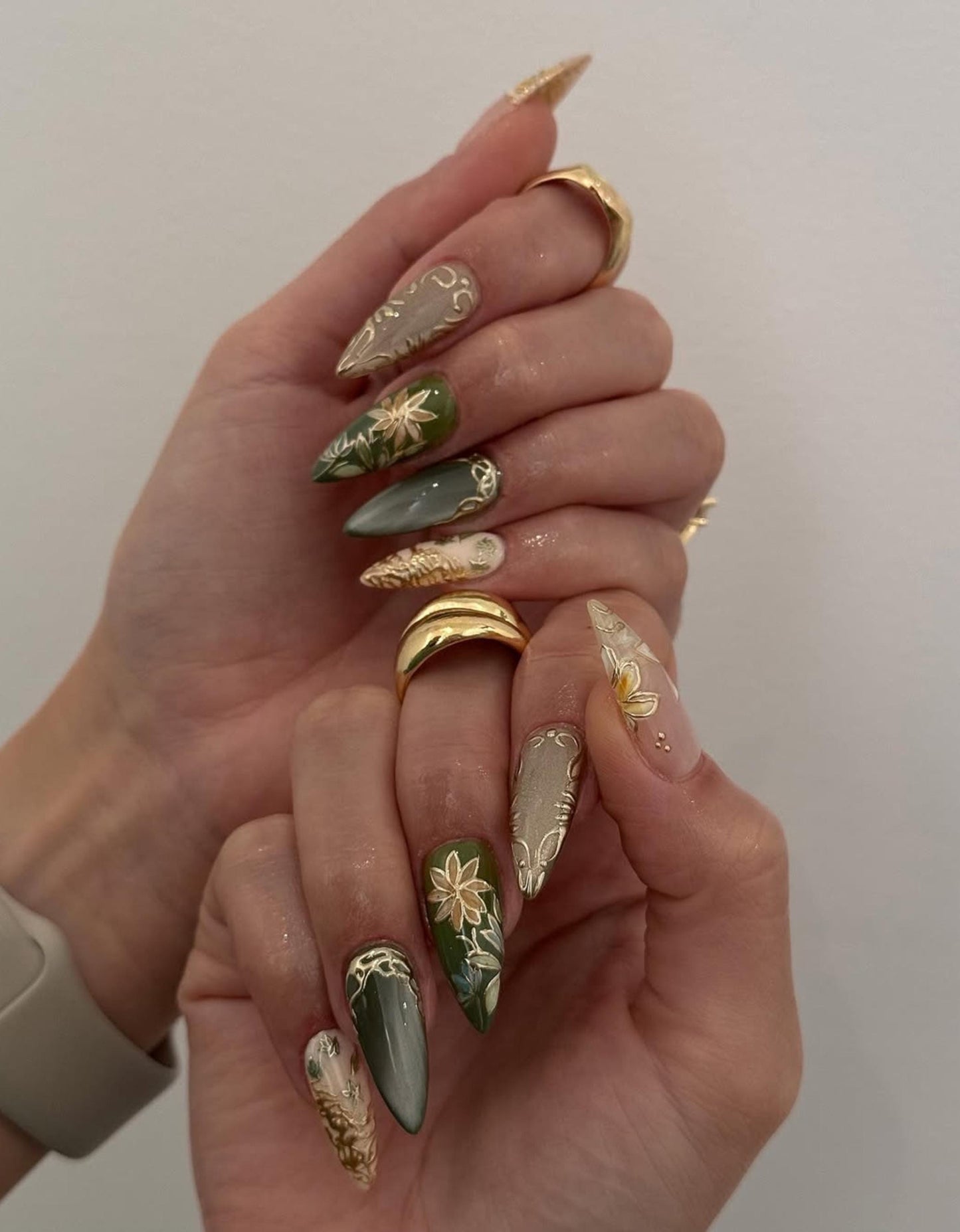 Olive Garden Almond Press On Nails, Olive Green & Gold