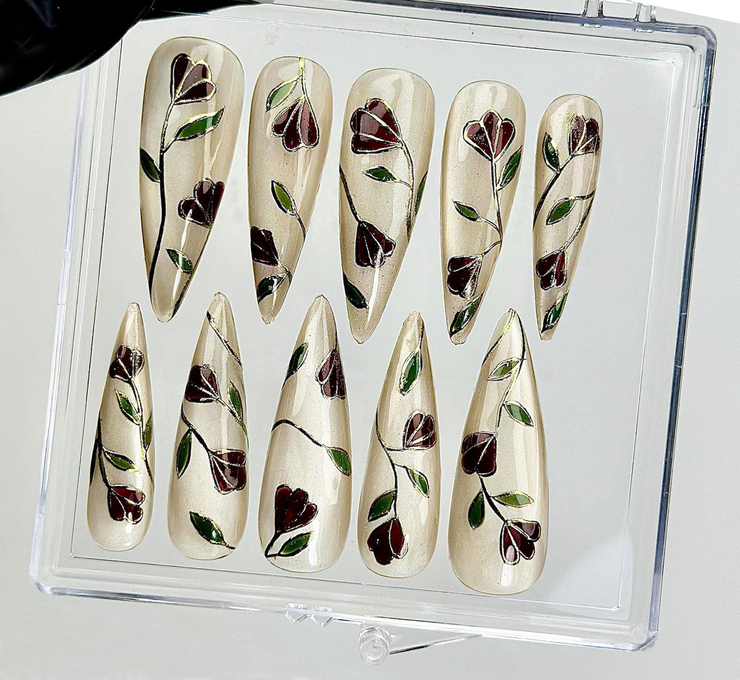 Vintage Vine Bloom Press On Nails Set With Elegant Burgundy Flowers and Pearl Details