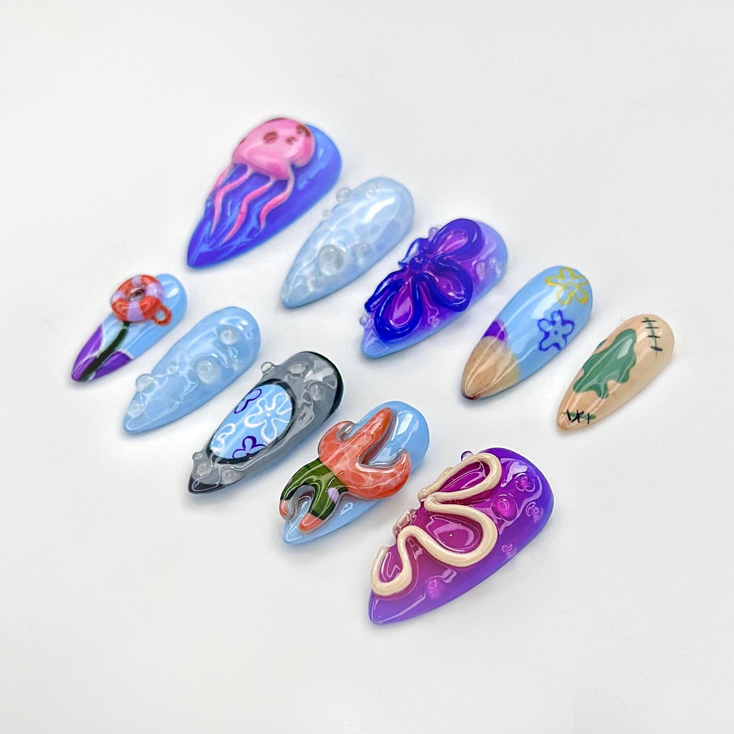 Undersea Cartoon Chaos Press On Nails - Ocean Jellyfish Starfish Press On Nails