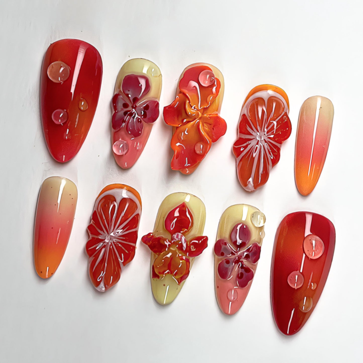 Tropical Red Orange 3D Flower Press On Nails