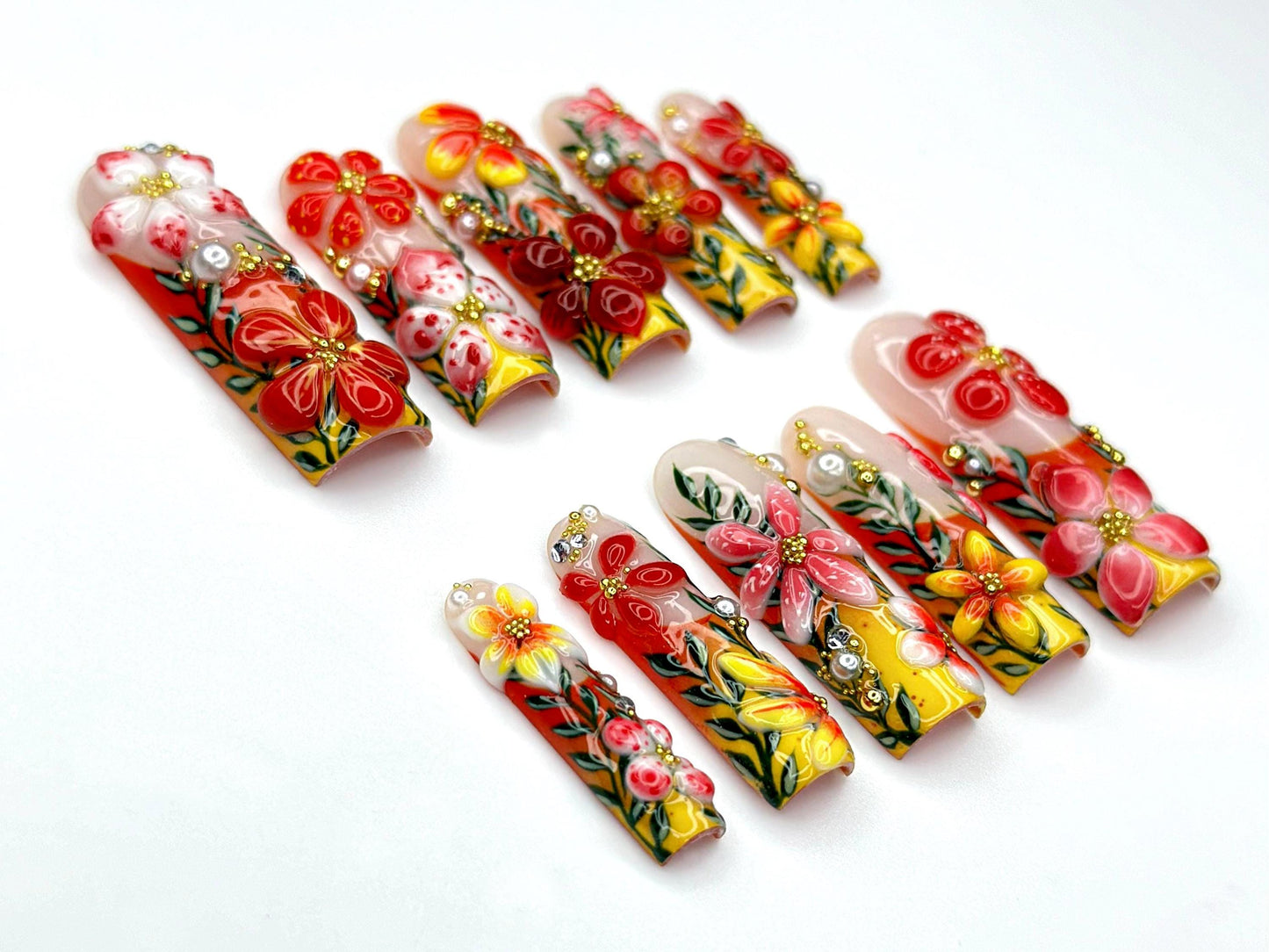 Tropical Bloom Garden Press On Nails with 3D Floral Embellishments