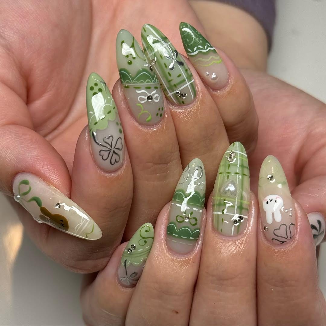 Charming Green 3D Press-On Nails, Bunny Set