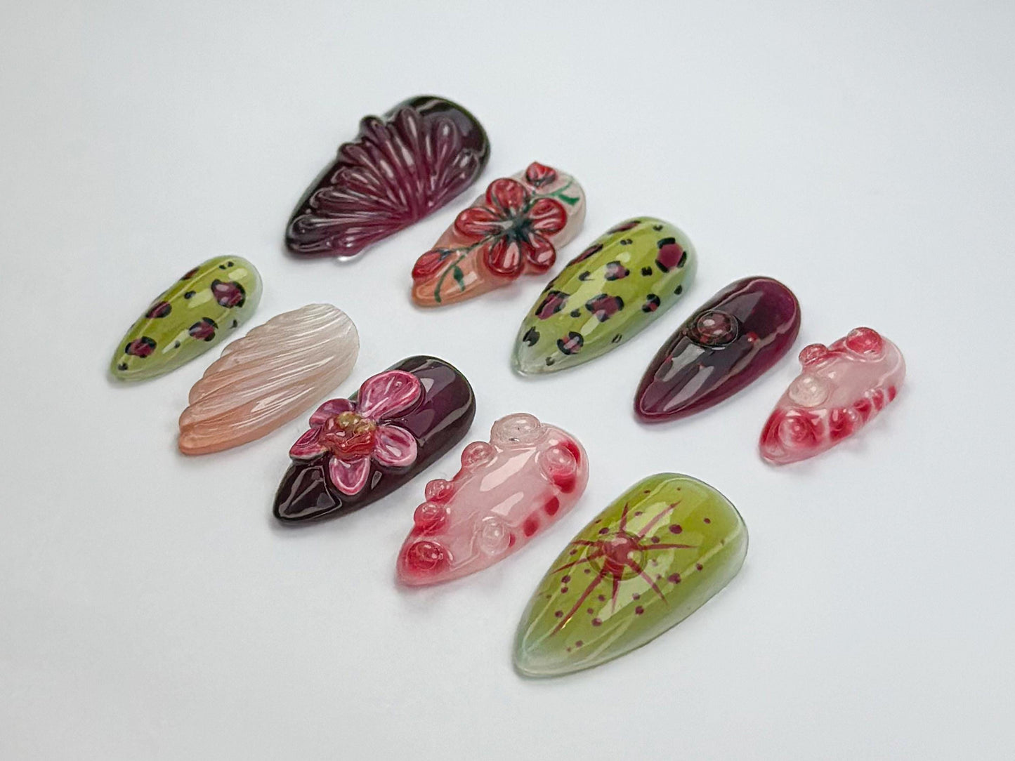 Whimsical Garden Press On Nails with 3D Floral and Ladybug Art