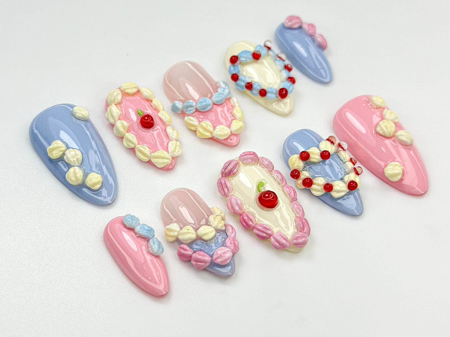 Sweet Creamy Press-On Nails with Heart and Cherry.
