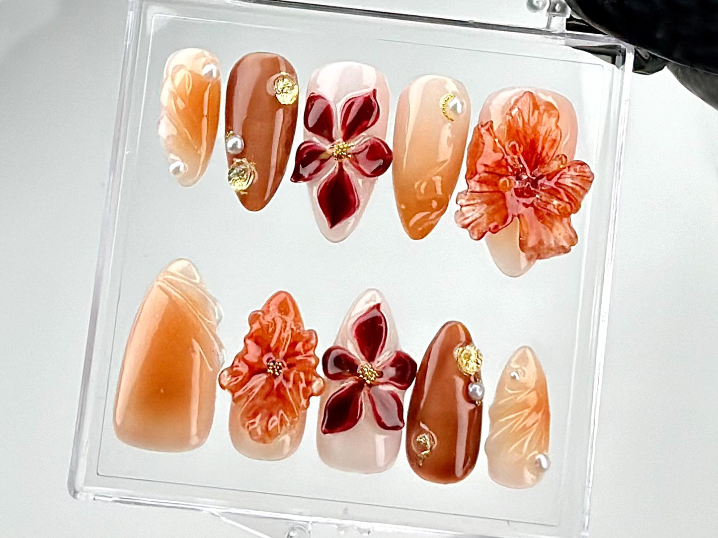 Burnt Coral Bloom 3D Press On Nail Set