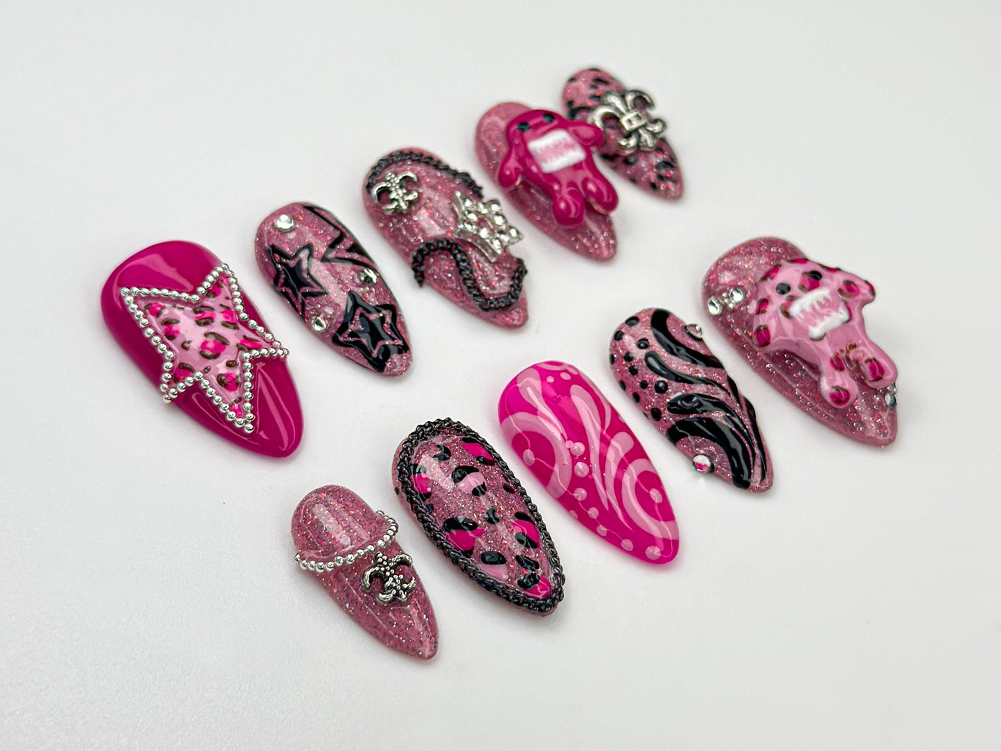 Pink Monster Glitter Y2K Press-On Nails