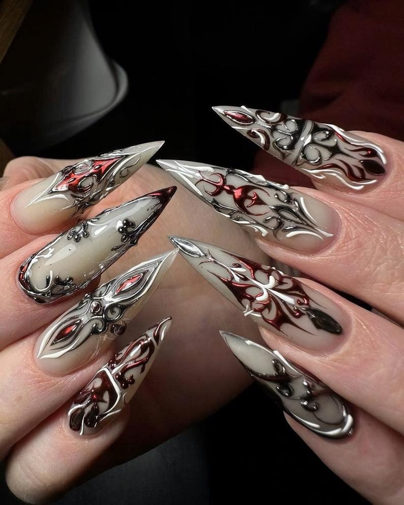 Gothic Chrome Flame Stiletto Press On Nails