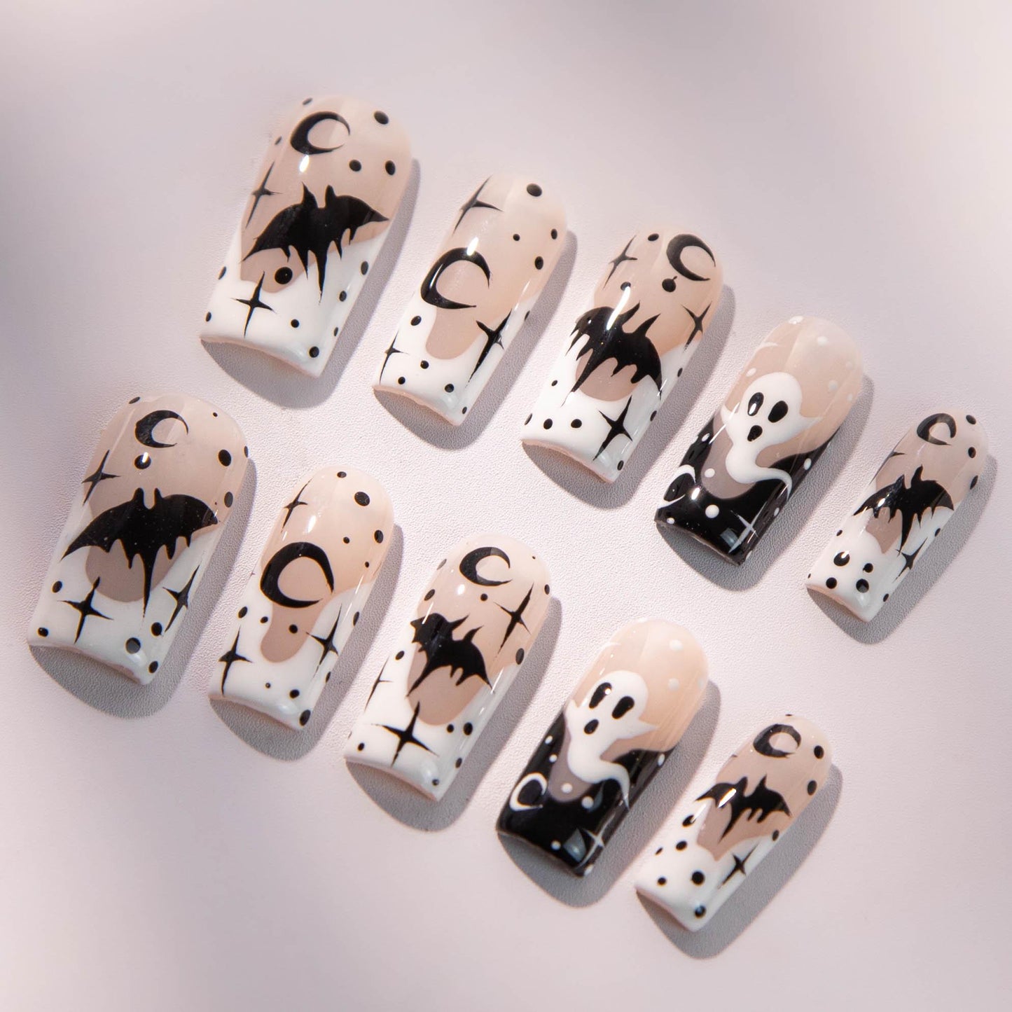 Halloween Ghost and Bat Press On Nails – Spooky Chic Design