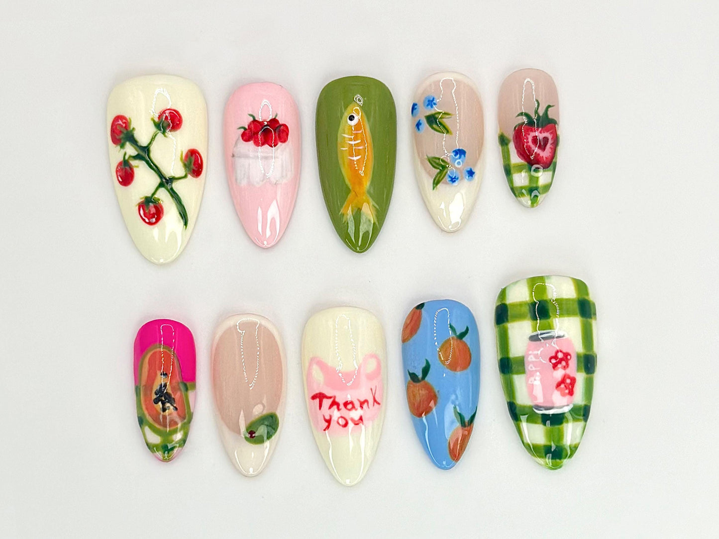 Vibrant Hand-Painted Nail Art Set - Unique Fruit & Floral Designs
