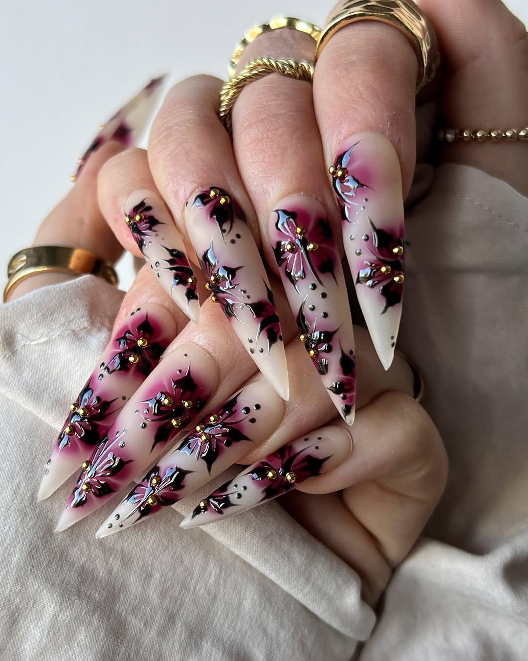 Dark Blossom Press On Nails 3D Crimson Floral Matte Ivory Stiletto Tips