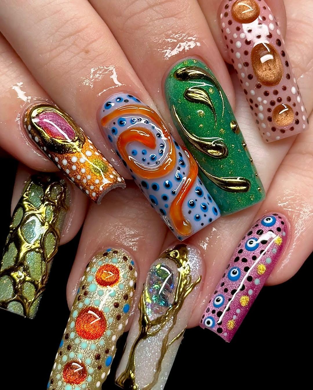 Colorful 3D Texture Press-On Nails with Floral Gems.