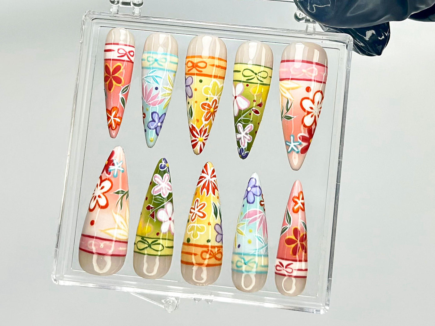 Handpainted Colorful Floral Festival Press On Nails