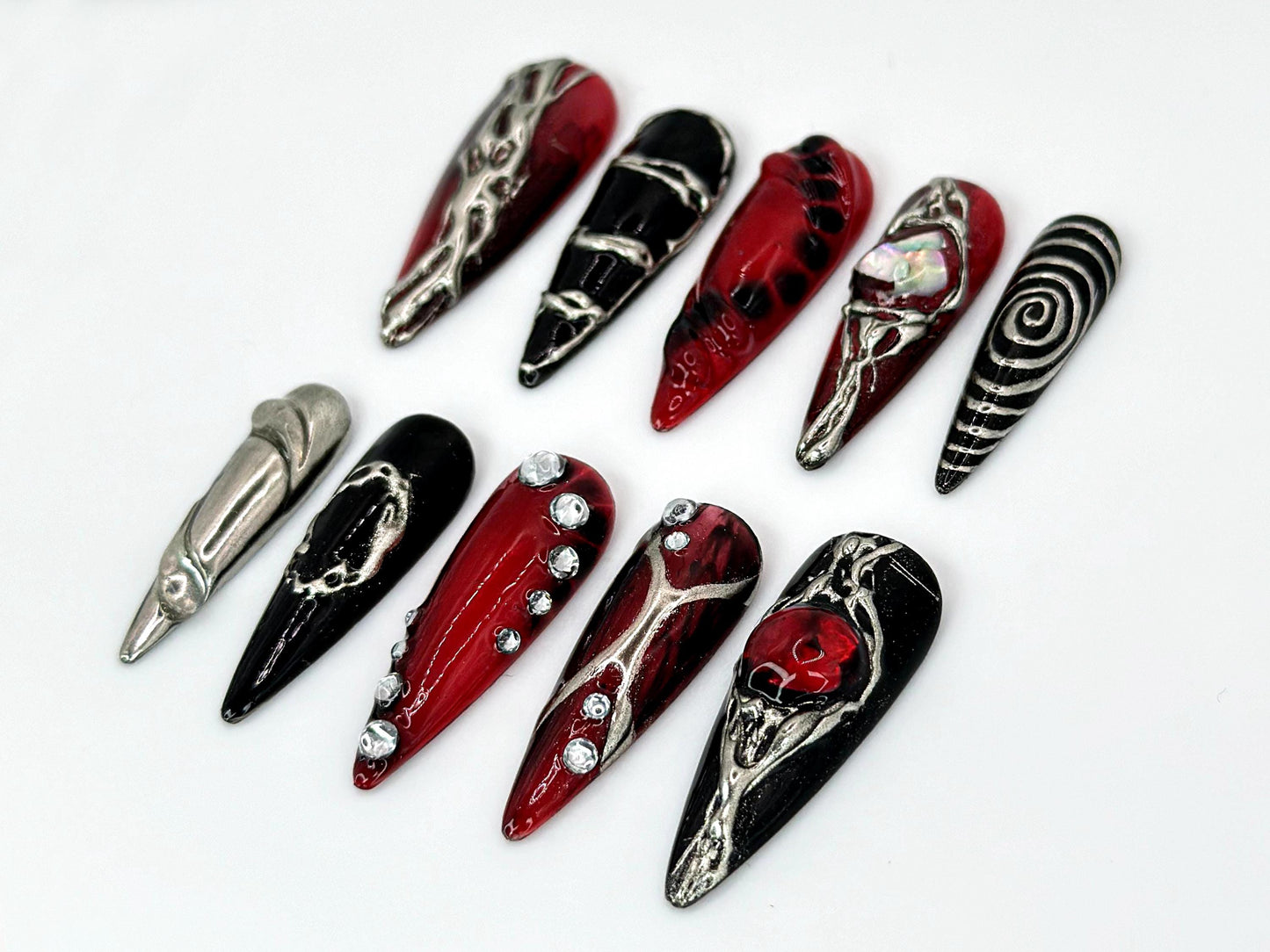 Gothic Red Black Metallic 3D Press-On Nails
