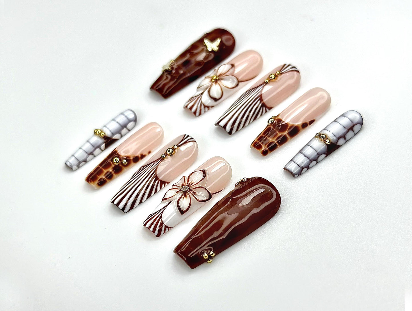 Caramel Elegance Press On Nails with Floral Details