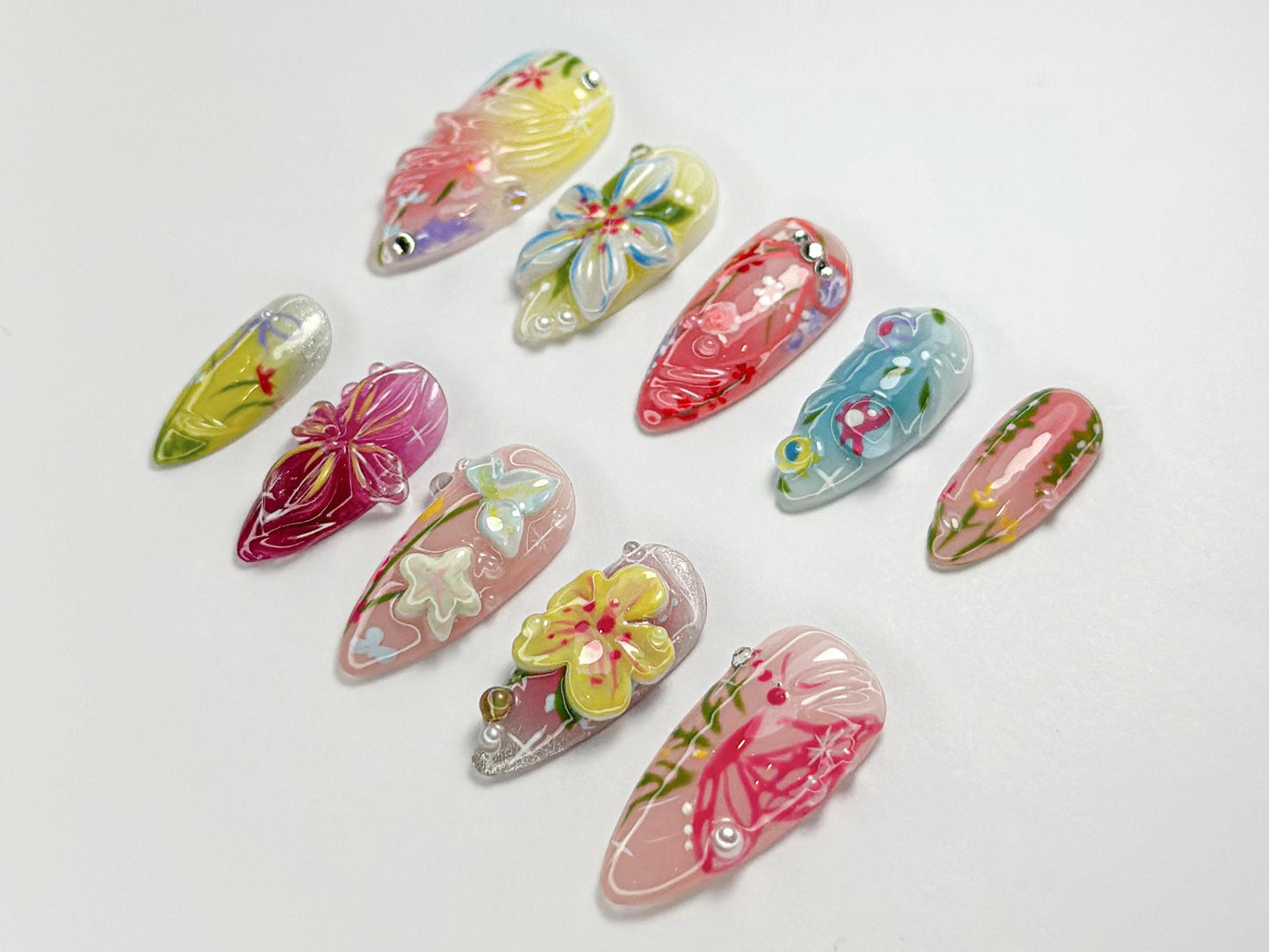Vibrant Floral 3D Nail Art Set - Stunning Design