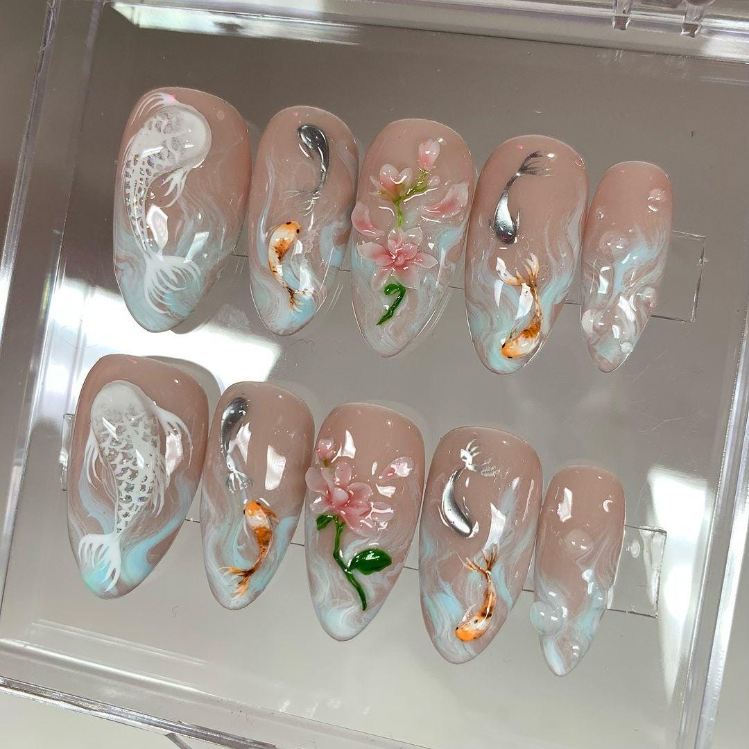 3D Koi Pond Blossom Press On Nail Set