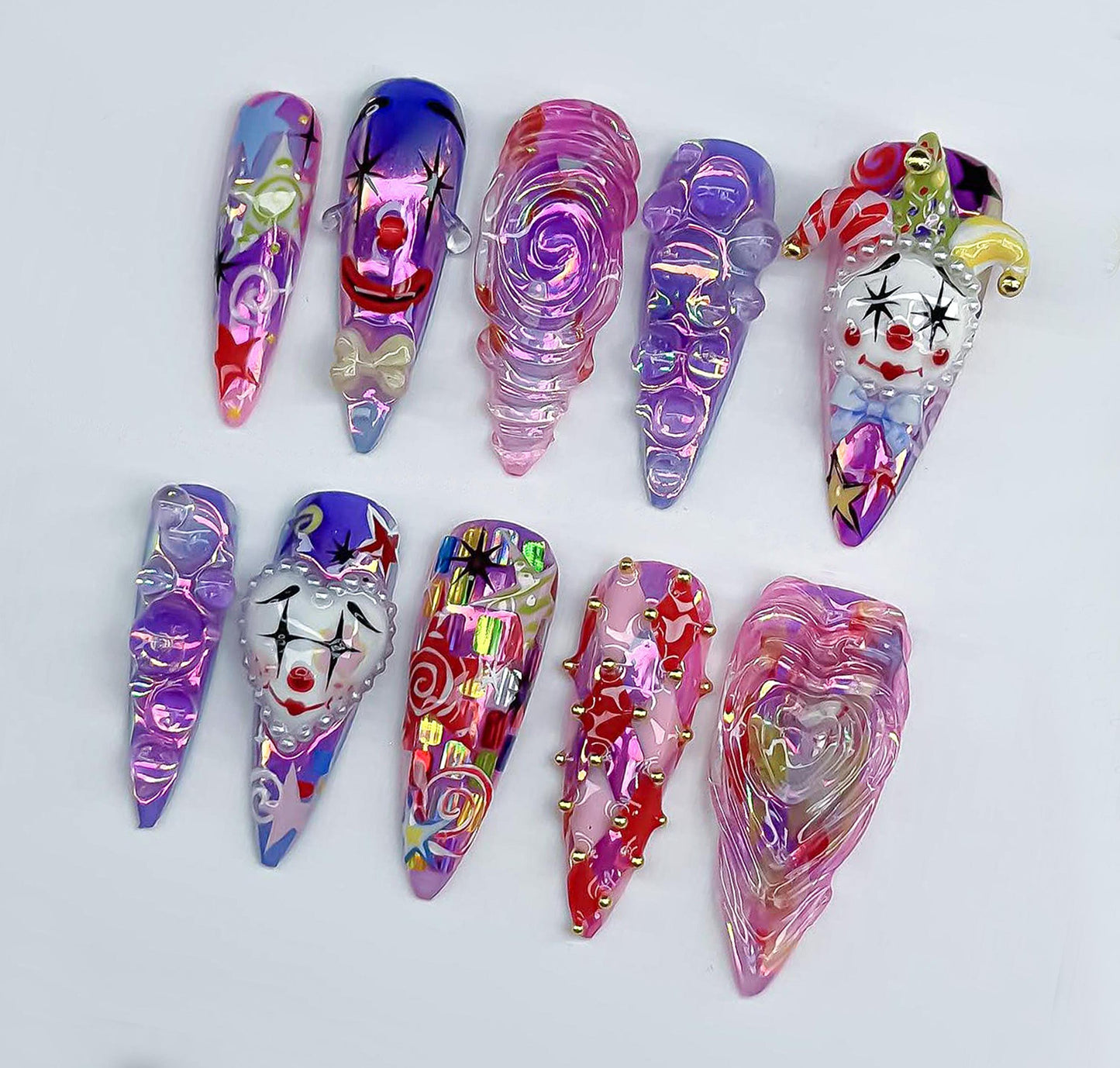 Whimsical Circus Clown 3D Press On Nails Set