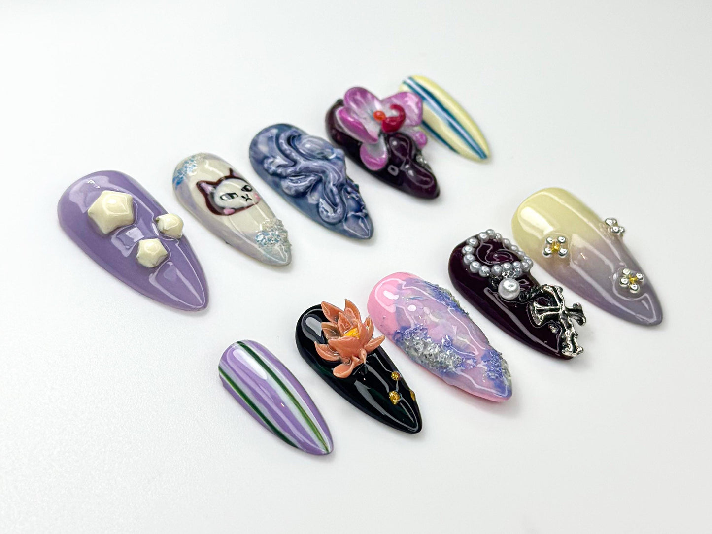 Whimsical Violet Press On Nails with Cat Art