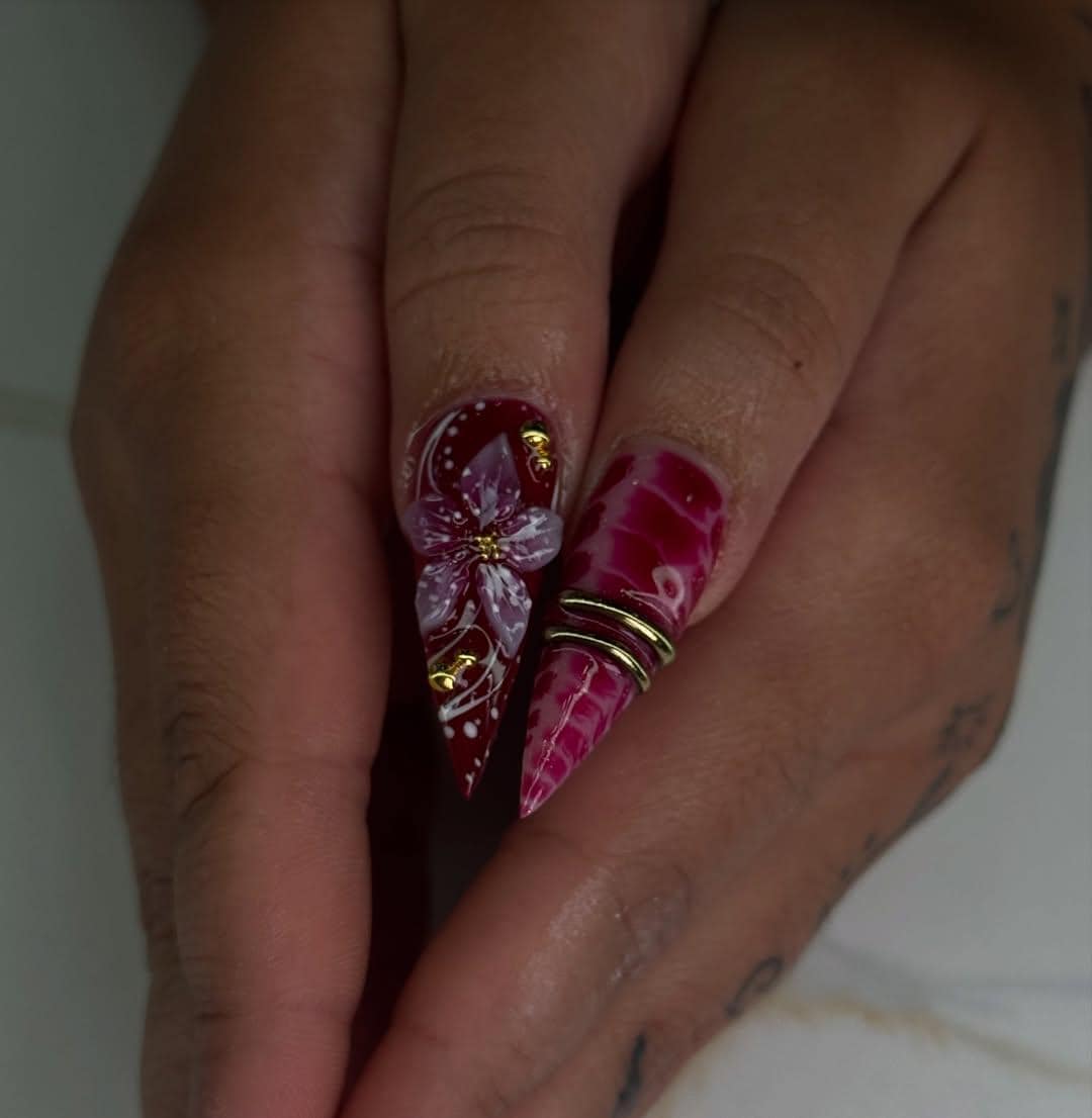 Cherry Gold Bloom Press On Nails, Red & White Stiletto