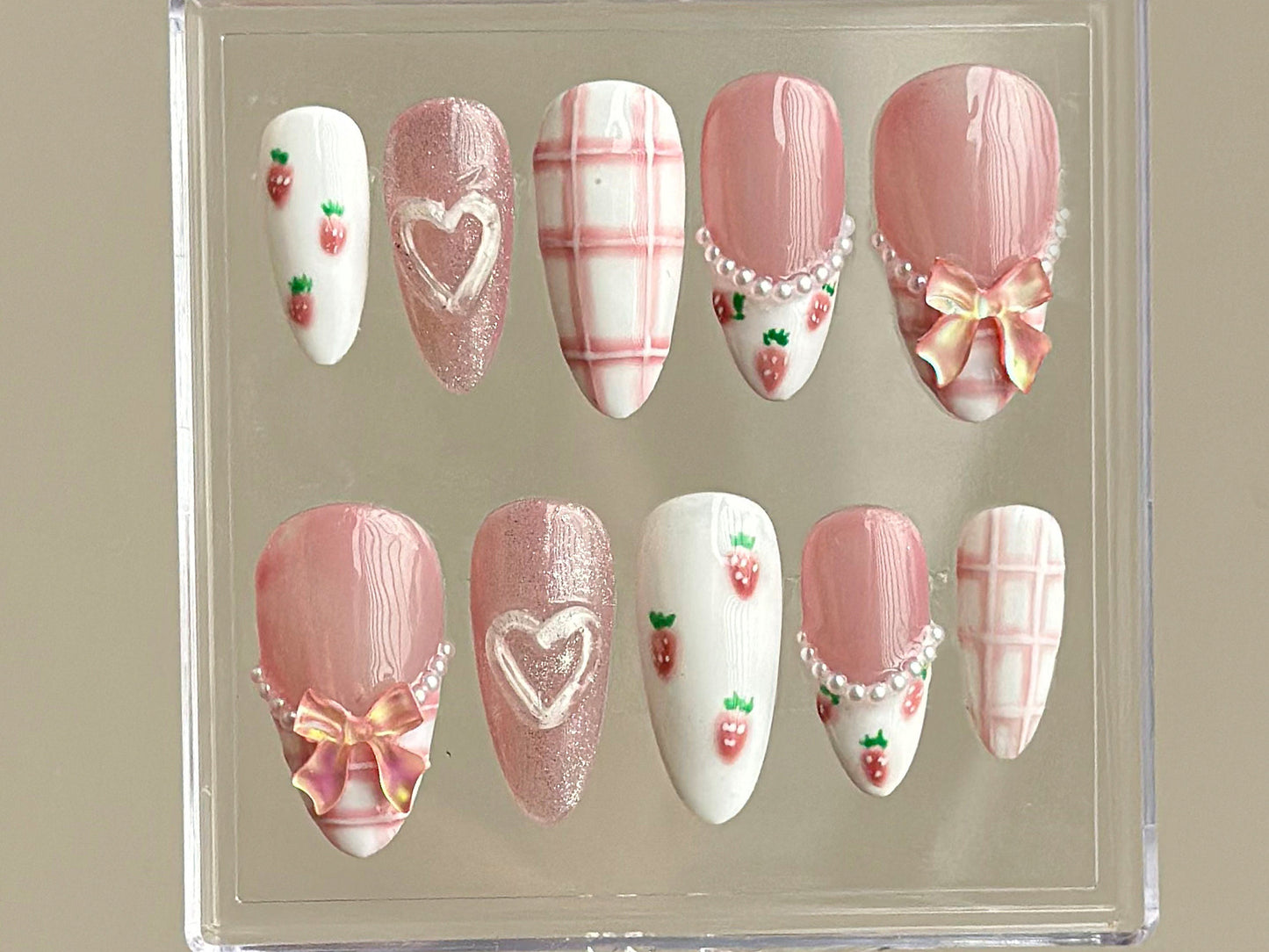 Cute Strawberry Pink Plaid Nail Set.