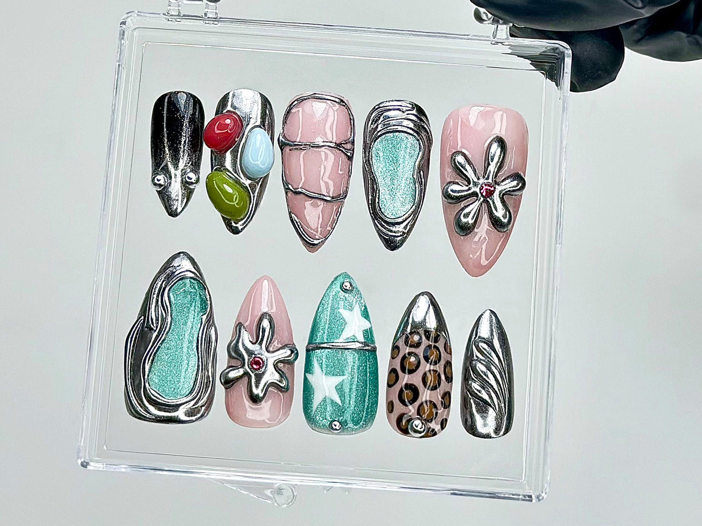Bold Metallic Floral Press-On Nails Set