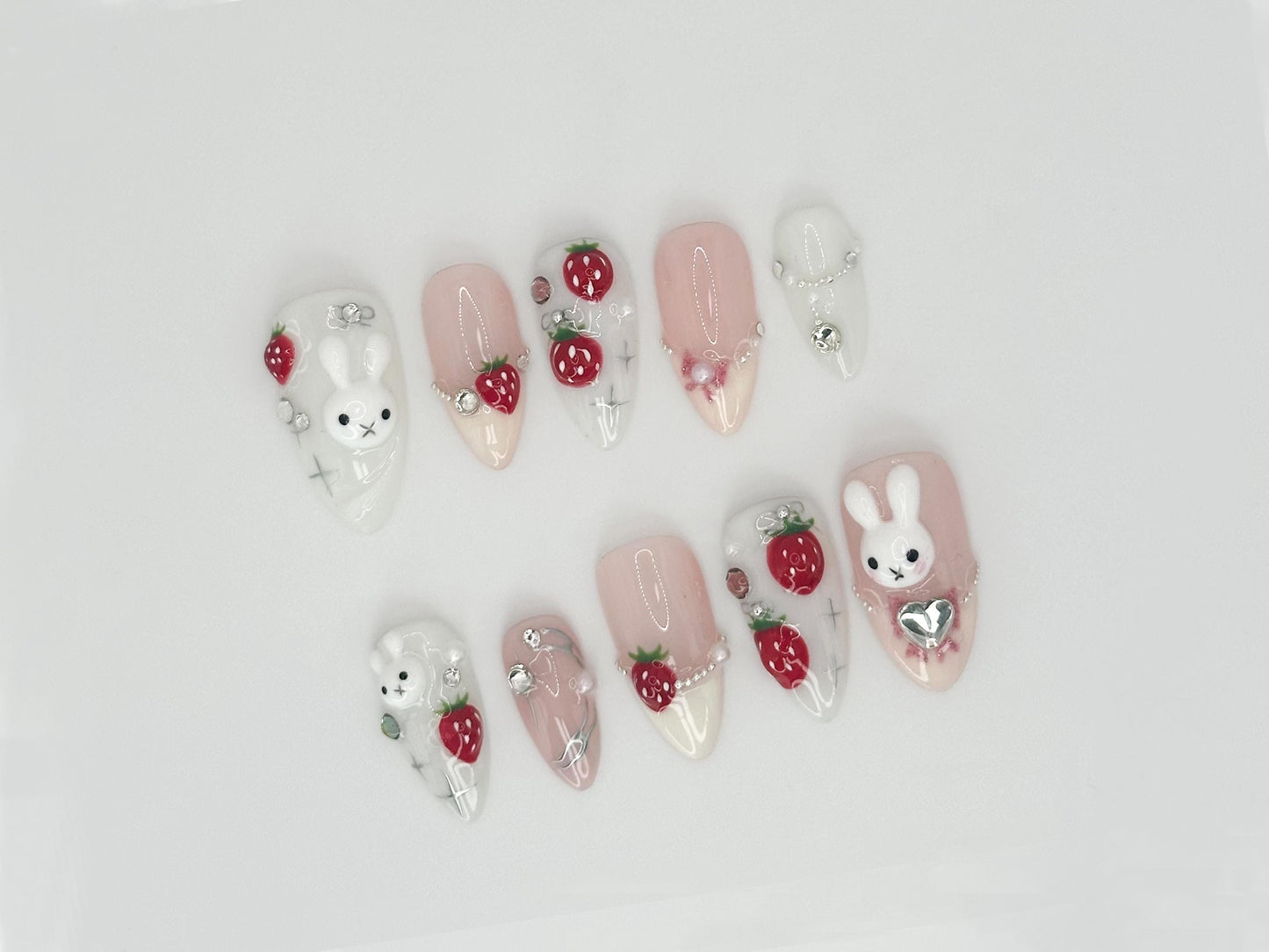 Adorable Bunny Strawberry Press-On Nail Set.