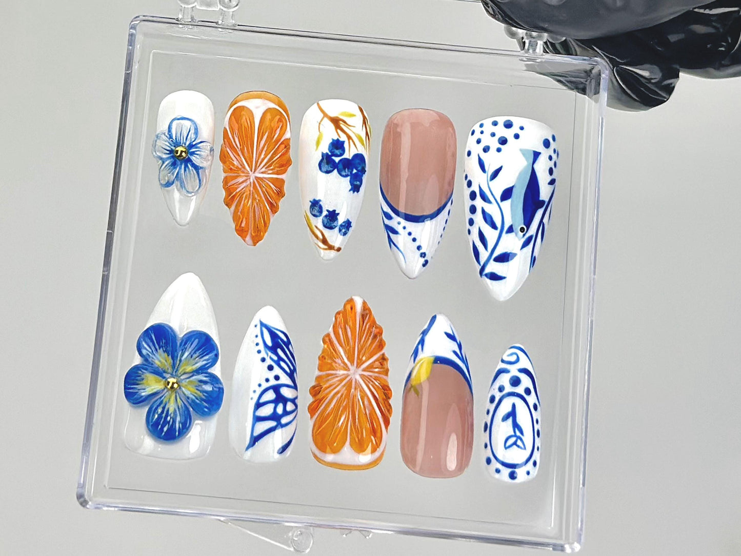 Vivid Floral Orange Blue Press-On Nail Set.