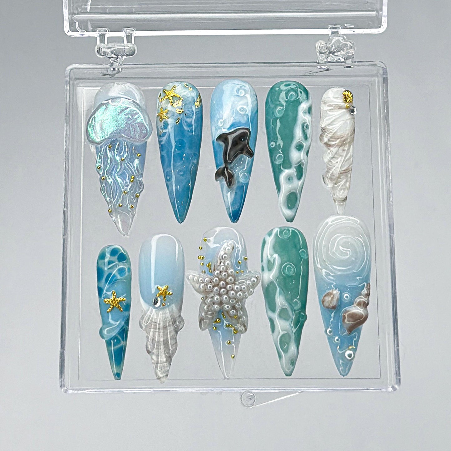 Ocean-Inspired Press-On Nails - Dolphin Starfish Design