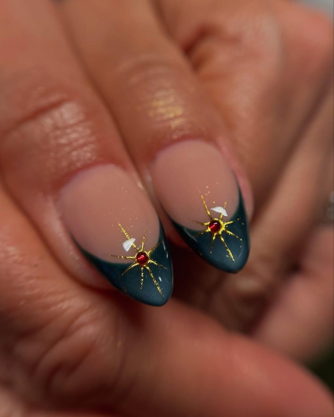 Emerald Green Nails with Gold and Red Roses