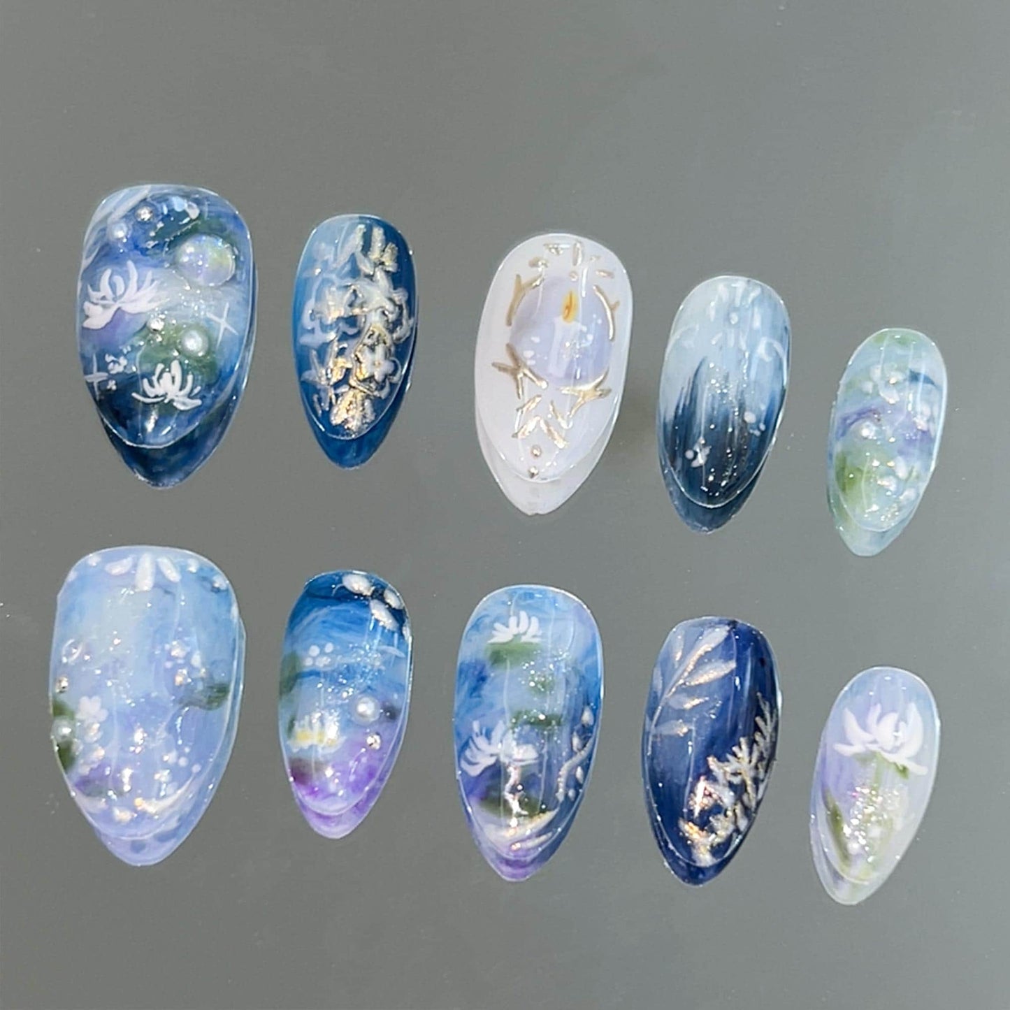 Ocean-Inspired Nail Art Set - Blue Floral Press-On Nails
