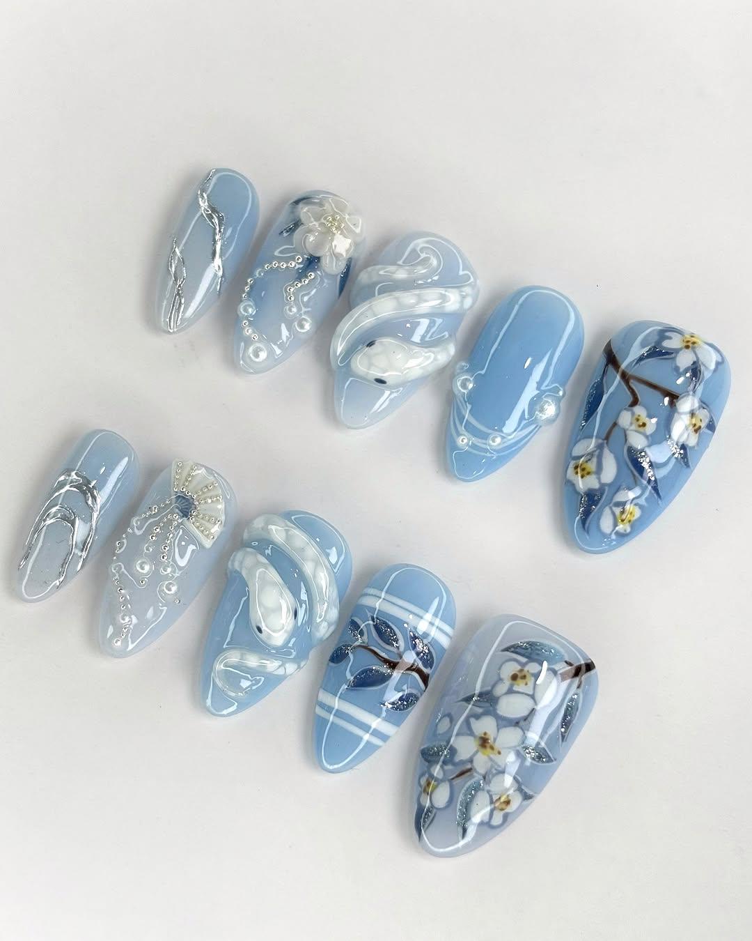 Blue Floral Snake Nail Art Set - Elegant Press-On Nails with Pearl Accents