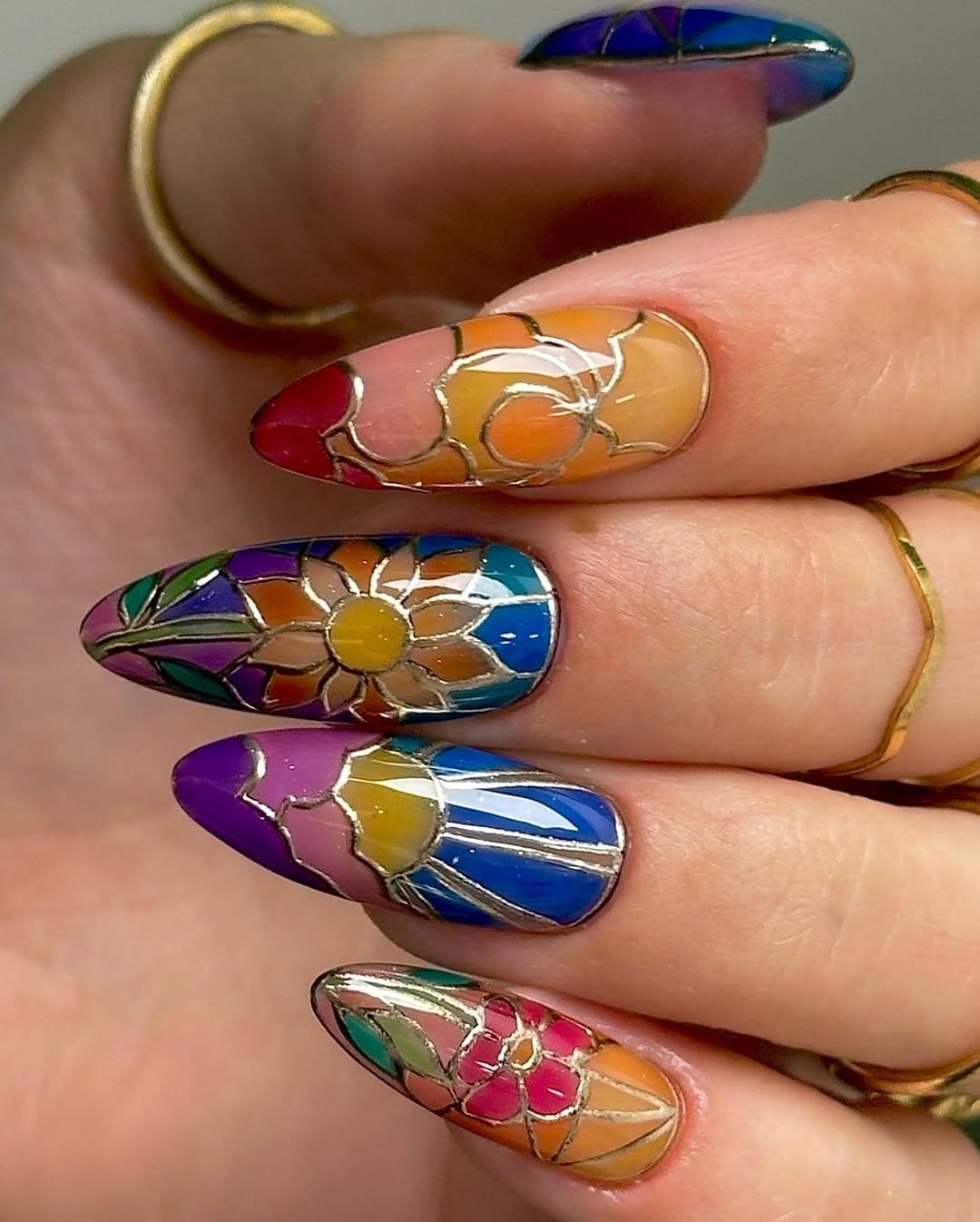 Stained Glass Floral Nail Art Stickers - Vibrant Designs