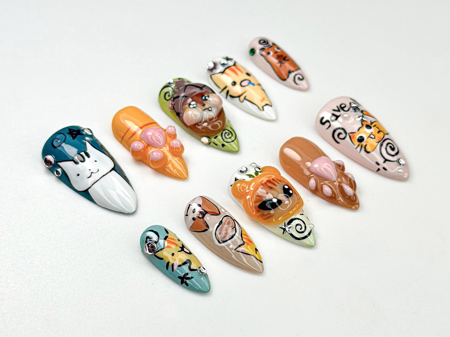 Whimsical Cartoon Kitty Press On Nails Set for Cat Lovers