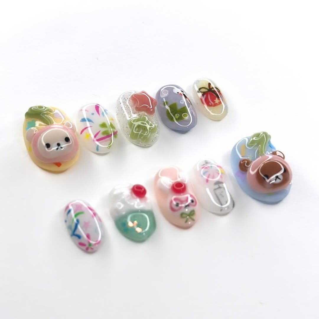 Cute 3D Kawaii Bear Nail Art Set - Handmade, Unique Designs