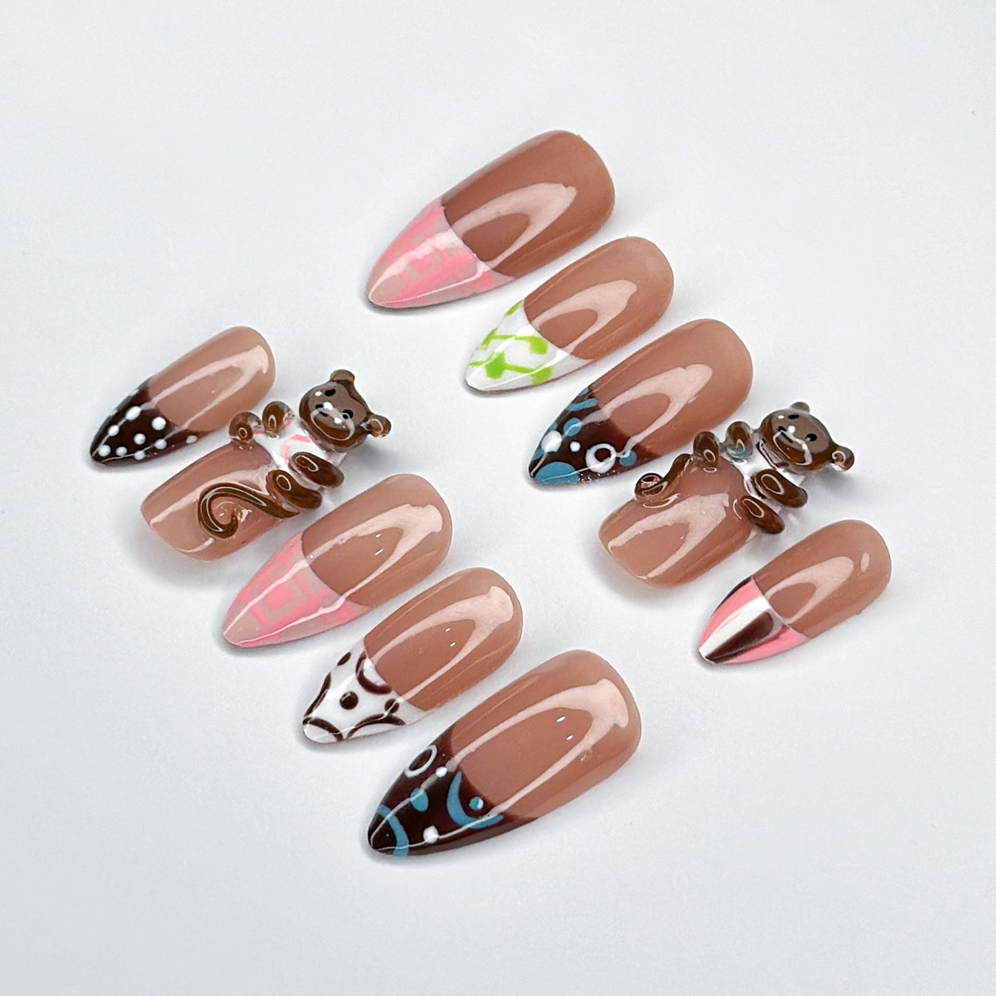 Playful Monkey 3D Press On Nails with Colorful Designs