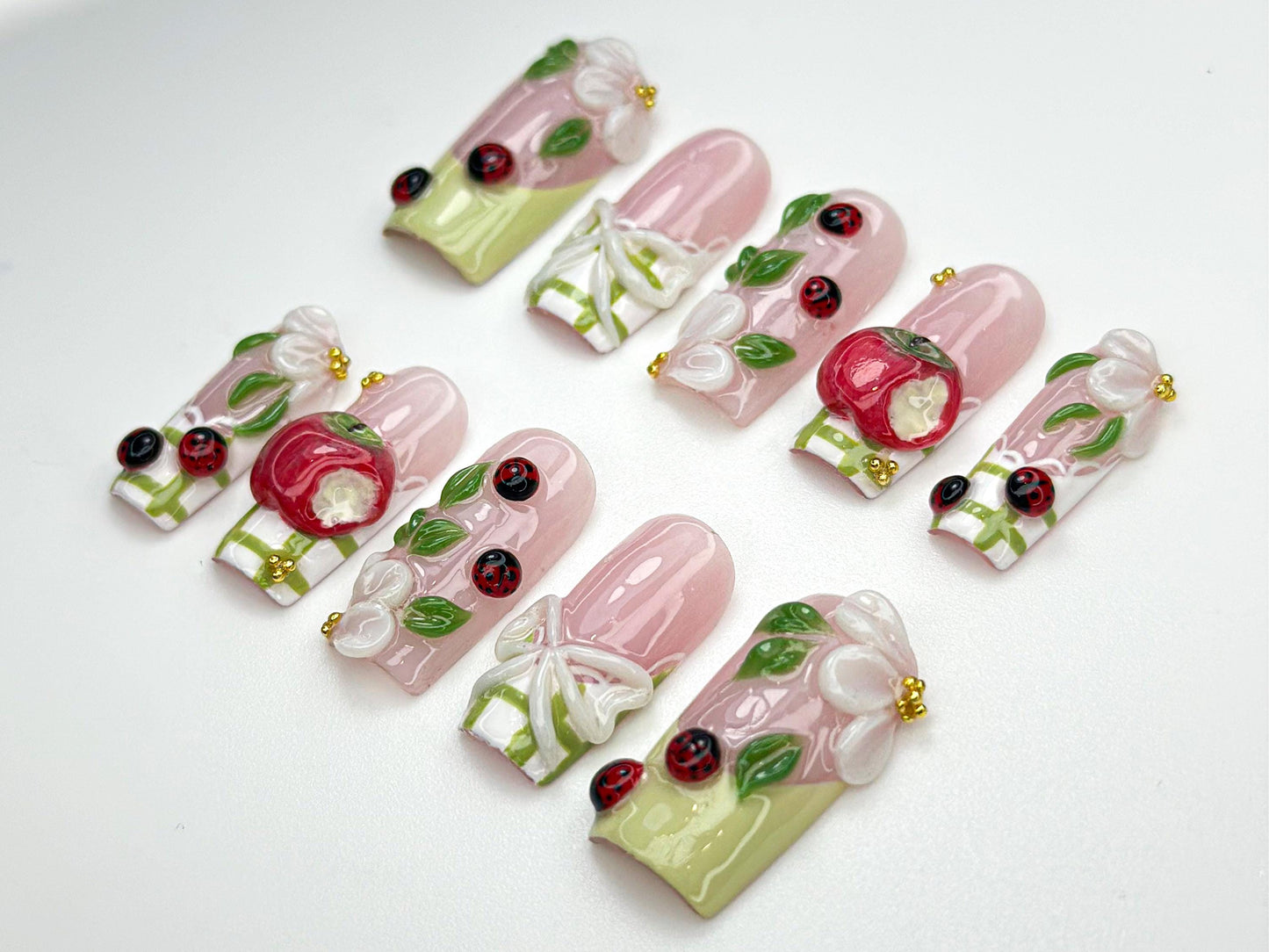 Apple Ladybug Garden Press-On Nails Set